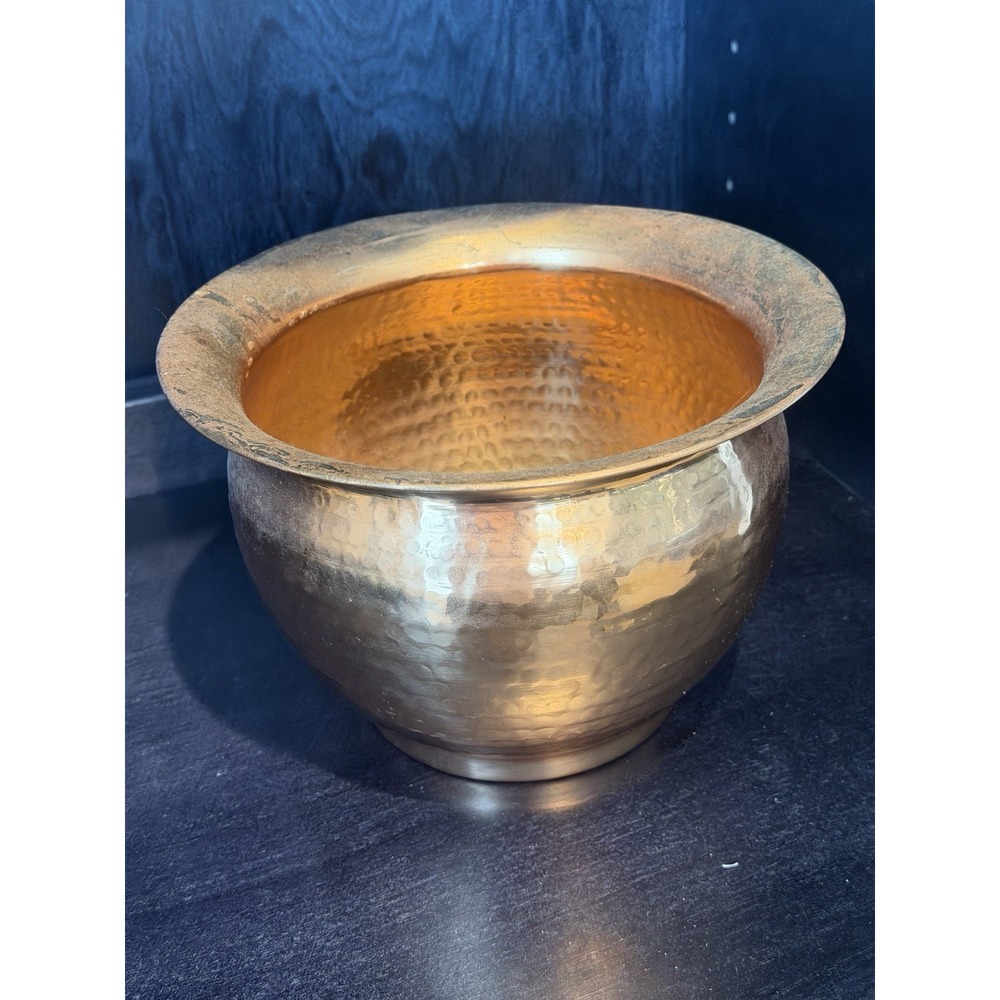Vintage Solid Brass Copper Colored Hammered Planter Pot Round Made In India